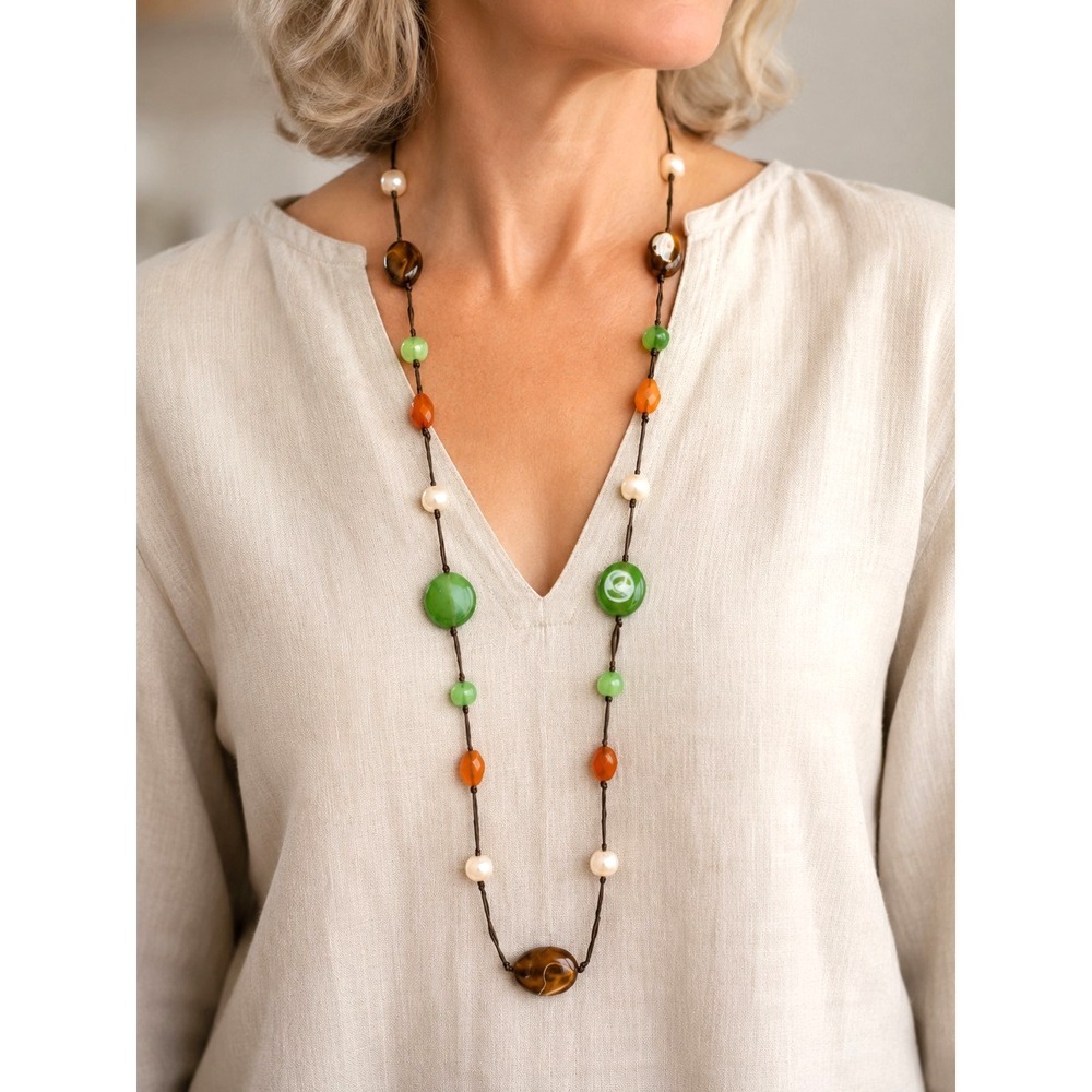 Vintage Multi Necklace Plastic Raw Gemstone Station Suede Rope Cord 40" TN28
